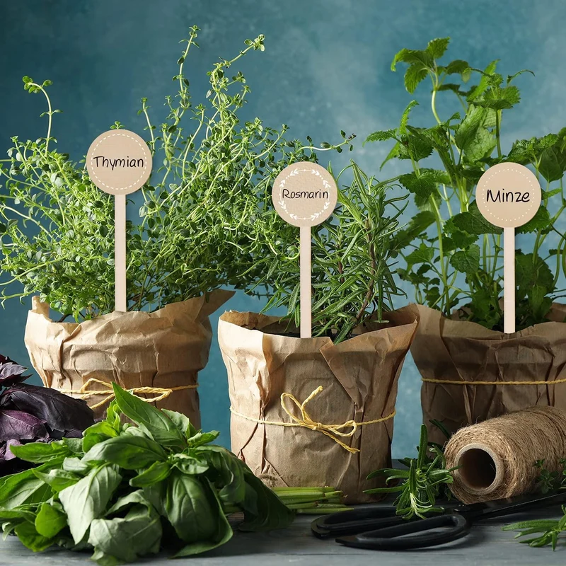 12 Topfstecker aus Holz natur braun - zum Bekleben & Beschriften 25 cm