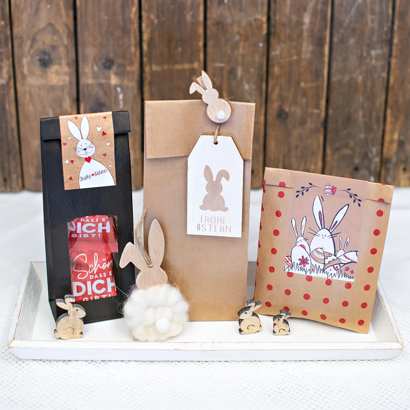Logbuch-Verlag 10 Frohe Ostern Aufkleber Osterhase Osterdeko Osteretiketten Osteraufkleber 7,2 x 21 cm Verpackung Geschenke beschriftbar Geschenkaufkleber Natur rot weiß schwarz braun