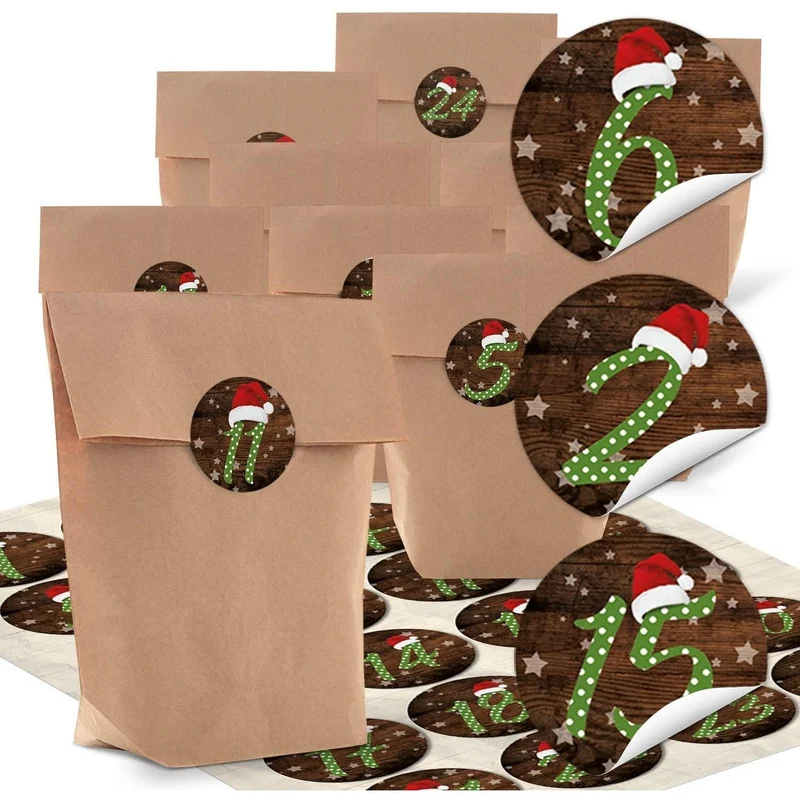 24 kleine braune Kraftpapier Papiertüten + 24 Stück rot schwarz weiße HIRSCH Aufkleber