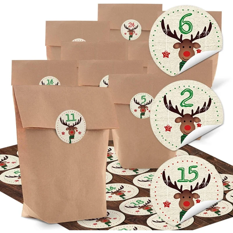 24 kleine braune Kraftpapier Papiertüten + 24 Stück rot schwarz weiße HIRSCH Aufkleber