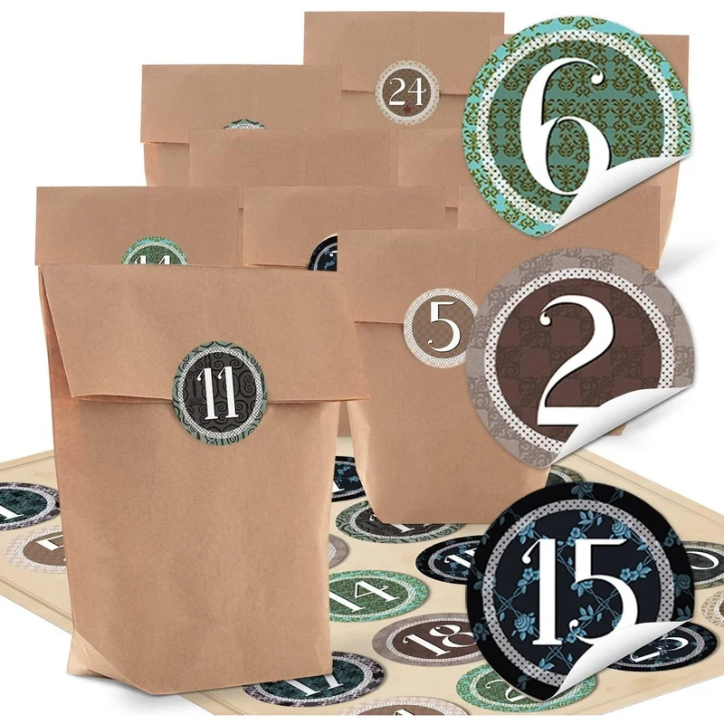 24 kleine braune Kraftpapier Papiertüten + 24 Stück rot schwarz weiße HIRSCH Aufkleber