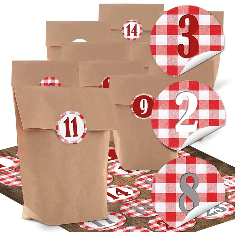 24 kleine braune Kraftpapier Papiertüten + 24 Stück rot schwarz weiße HIRSCH Aufkleber