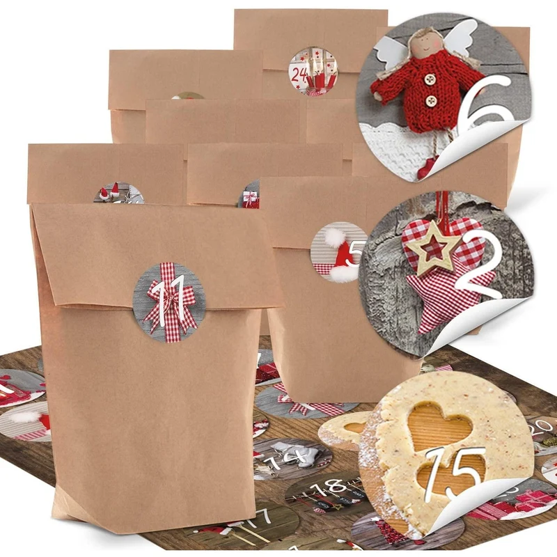 24 kleine braune Kraftpapier Papiertüten + 24 Stück rot schwarz weiße HIRSCH Aufkleber
