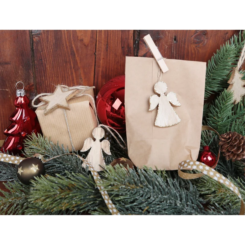 12 kleine Weihnachtsbaumanhänger aus Holz 5 cm Stern + Engel + Baum mit silberfarbenem Rand