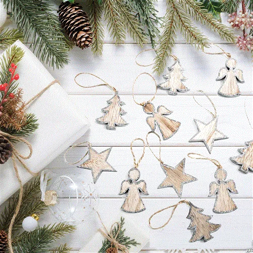 12 kleine Weihnachtsbaumanhänger aus Holz 5 cm Stern + Engel + Baum mit silberfarbenem Rand