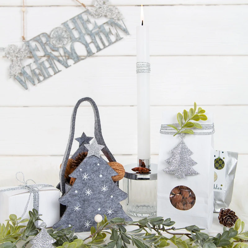 3 kleine Filztasche zum Befüllen Weihnachten grau silber 14 cm