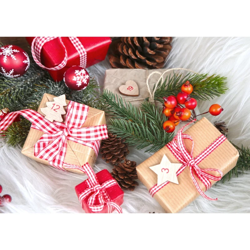 1-24 Aufkleber Adventskalender Zahlen aus Holz mit Klebepunkt - natur rot