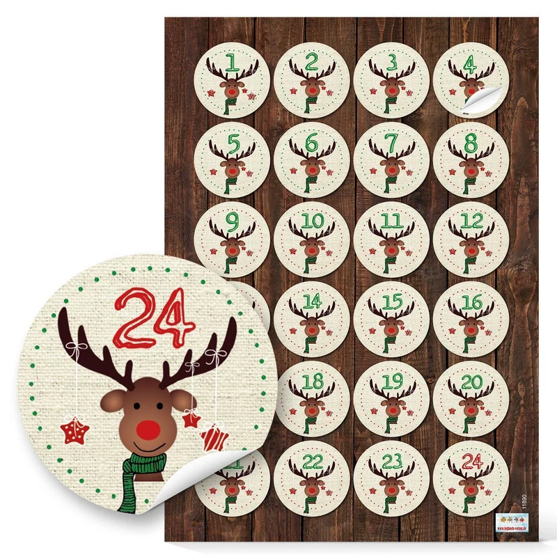 24 Adventskalendertüten rot 14 x 22 cm mit Zahlenaufklebern + Holzklammern Rentier - Tüten zum Befüllen