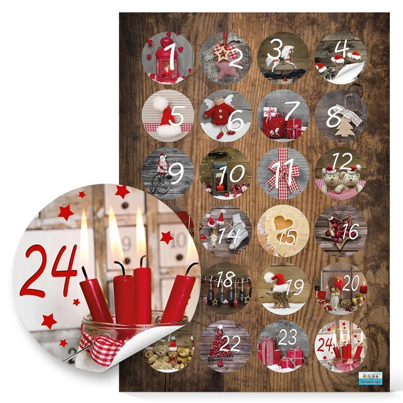 24 Adventskalendertüten zum Befüllen rot mit Aufkleber Zahlen Klammer aus Holz - DIY Adventskalender Tüten