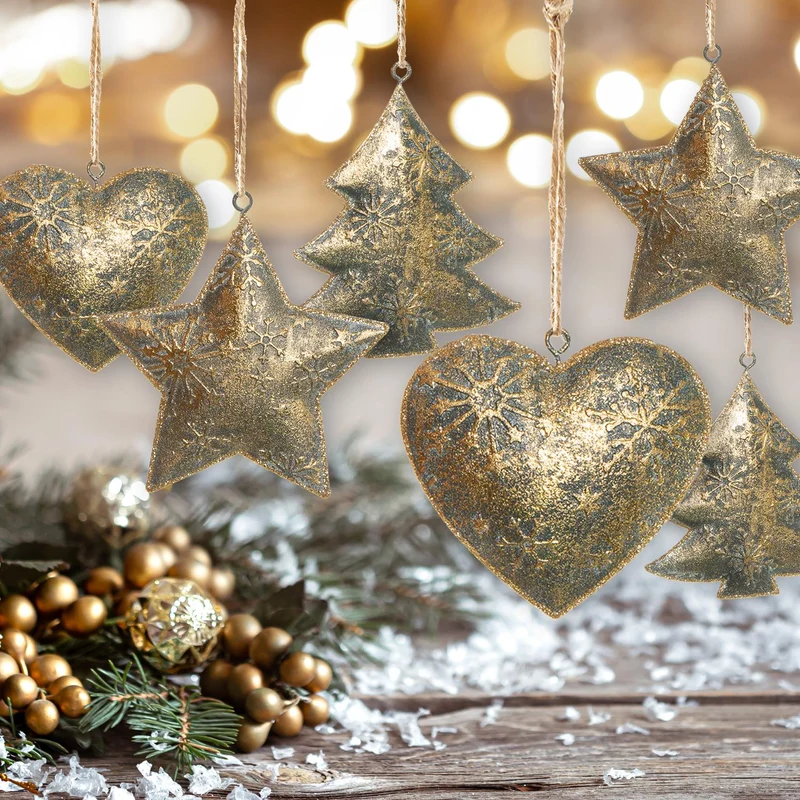 6 vintage Weihnachtsanhänger antik-Gold aus Metall