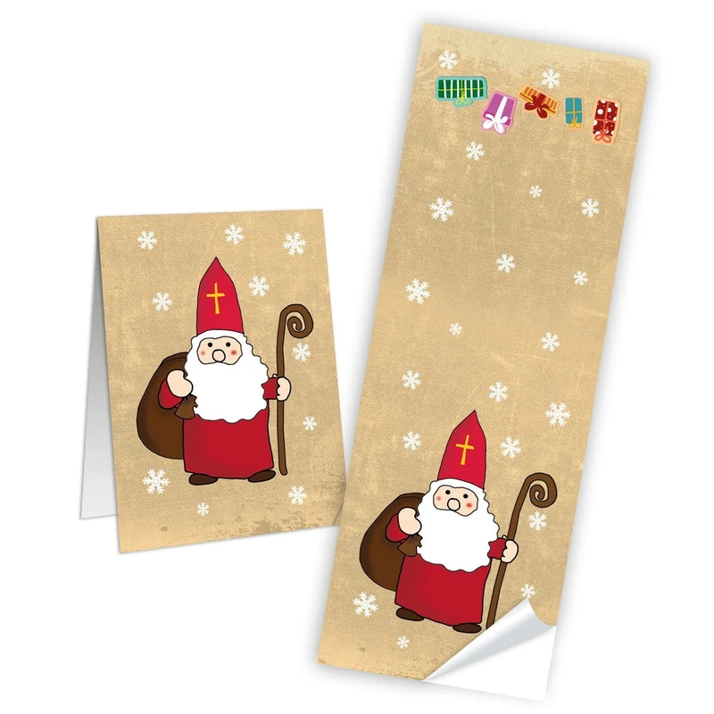 Braune Henkeltüten 18 x 8 x 22 cm mit Weihnachtsaufkleber Nikolaus in Rot