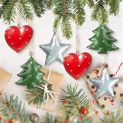 9 Weihnachtsanhänger Herz Baum Stern grün rot silber Baumschmuck aus Metall
