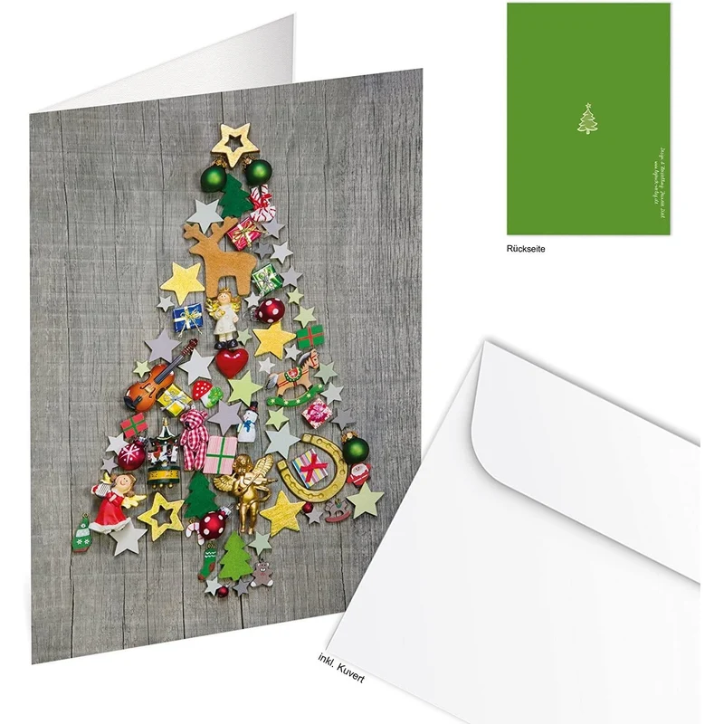 3 Weihnachtskarten DIN A6 Klappkarten mit Umschlag – Weihnachtsbaum grau-bunt innen blanko