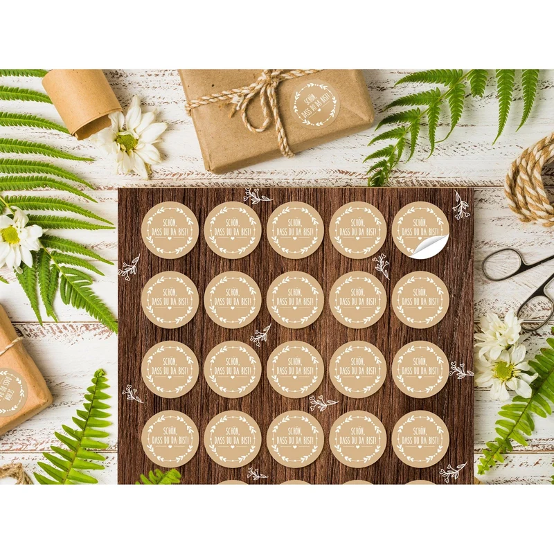 Logbuch-Verlag 140 runde Aufkleber SCHÖN DASS DU DA BIST beige natur weiß Ø 3,2 cm Vintage Geschenkaufkleber Gastgeschenk Verpackung Hochzeit Geburtstag