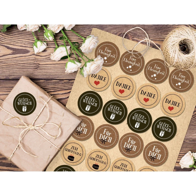 24 runde Aufkleber DANKE GLÜCKWUNSCH FÜR DICH VIEL GLÜCK Herz Kleeblatt rot grün beige natur schwarz weiß Kraftpapier Geschenkaufkleber Verpackung Geschenke Sticker Etiketten zum Geburtstag