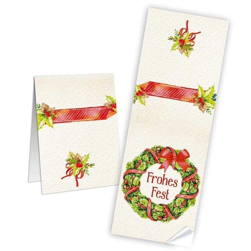 Weihnachtsbanderole Frohes Fest Weihnachtskranz beige grün rot 7,2 x 21 cm