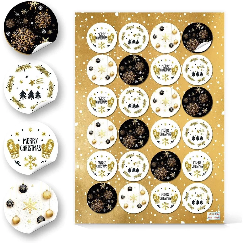 3 x 24 selbstklebende Sticker mit Weihnachtsmotiven - schwarz weiß gold