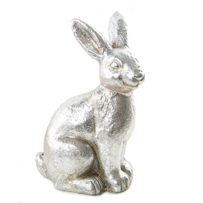 Silberfarbene Hasen Figur - 33 cm - große Osterhasen Dekofigur zum Hinstellen