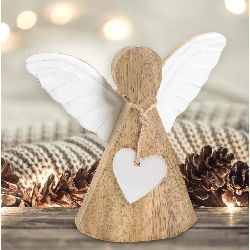 Engel Figur aus Mangoholz braun weiß 15 cm - für Weihnachten