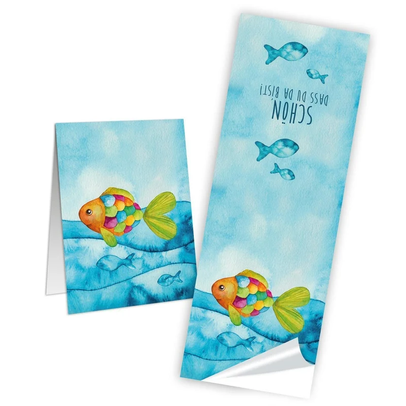 Blockbodenbeutel braun mit Sichtfenster 7 x 4 x 20,5 cm mit Regenbogenfisch-Banderolen