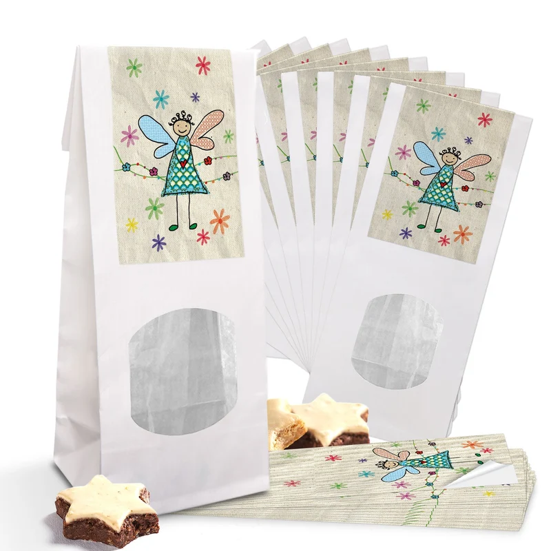 Blockbodenbeutel weiß mit Sichtfenster 8 x 5 x 24,5 cm mit Engel-Banderolen bunt-beige