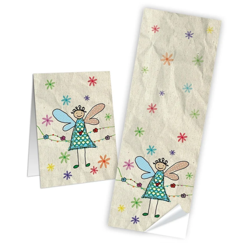 Blockbodenbeutel weiß mit Sichtfenster 8 x 5 x 24,5 cm mit Engel-Banderolen bunt-beige