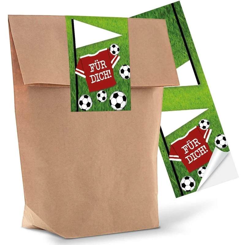 Kraftpapiertüten mit Boden 14 x 22 x 5,6 cm mit Fußball-Aufkleber „Für dich“ beschreibbar