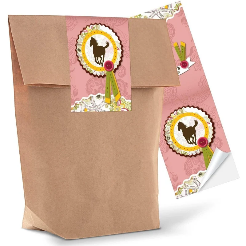 Kraftpapiertüten mit Boden 14 x 22 x 5,6 cm mit Pferde-Aufkleber in Rosa für Mädchen