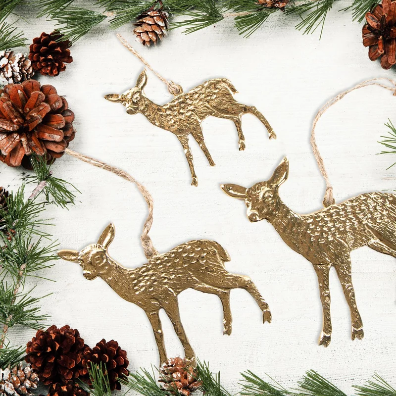 3 Rehkitz Metallanhänger als Weihnachtsdeko gold glänzend - vintage Weihnachtsanhänger