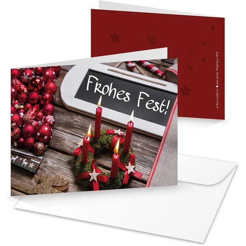 10 Weihnachtskarten DIN A6 quer Klappkarten mit Umschlag – Adventskranz rot-braun innen blanko