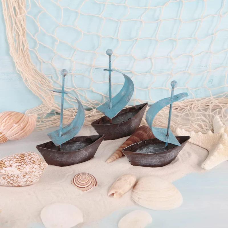 3 Segelboote aus Metall blau grau Shabby chic - 12,5 cm