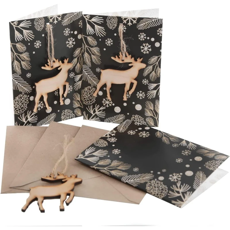 3 Weihnachtskarten DIN A6 Klappkarten mit Umschlag – Hirsch mit Hirsch-Anhänger aus Holz