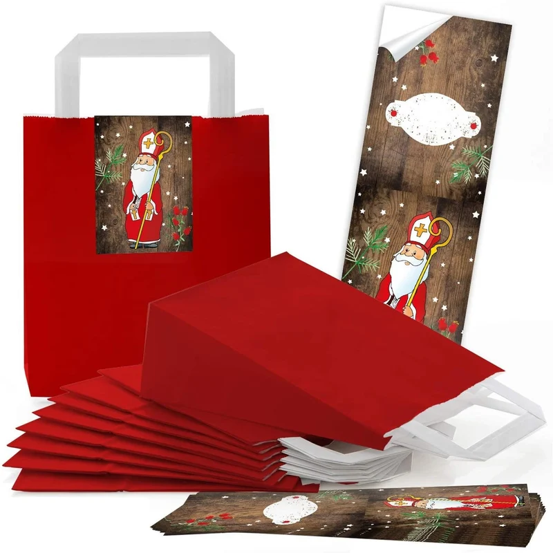 Rote Henkeltüten 18 x 8 x 22 cm mit Weihnachtsbanderole „Heiliger Nikolaus“ zum Beschriften