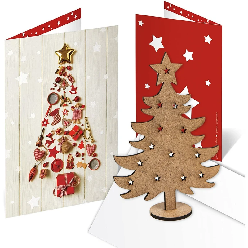 10 Weihnachtskarten DIN A6 Klappkarten mit Umschlag – rot innen blanko mit Mini-Weihnachtsbaum aus Holz