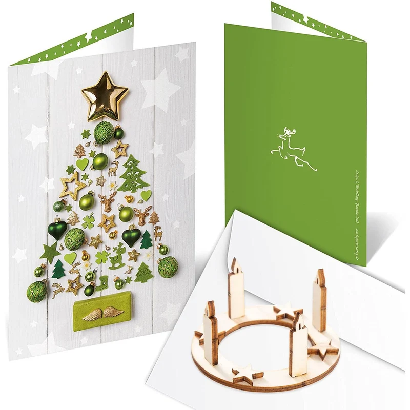3 Weihnachtskarten DIN A6 Klappkarten mit Umschlag – grün-grau mit Mini-Adventskranz aus Holz