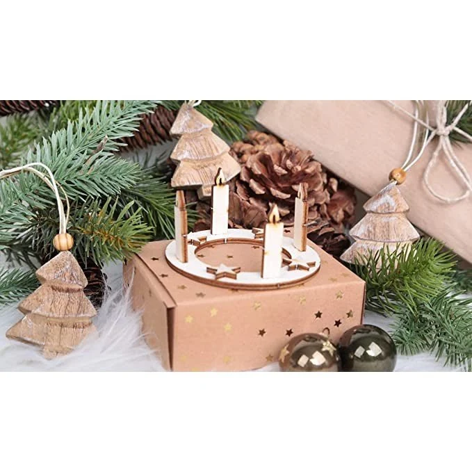 3 Weihnachtskarten DIN A6 Klappkarten mit Umschlag – grün-grau mit Mini-Adventskranz aus Holz