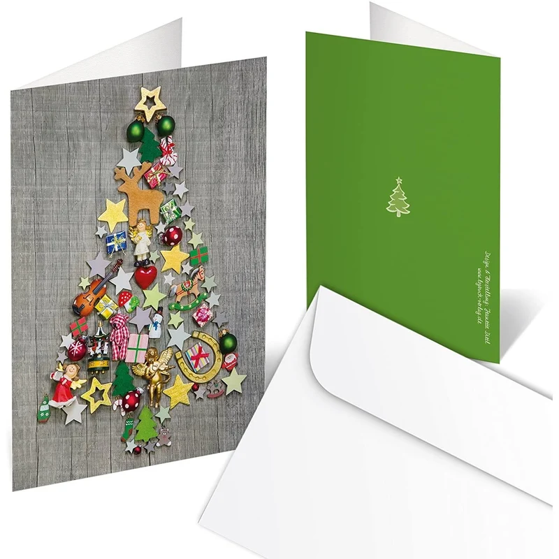100 Weihnachtskarten Klappkarten mit Umschlag – Weihnachtsbaum grau-bunt in Holzoptik