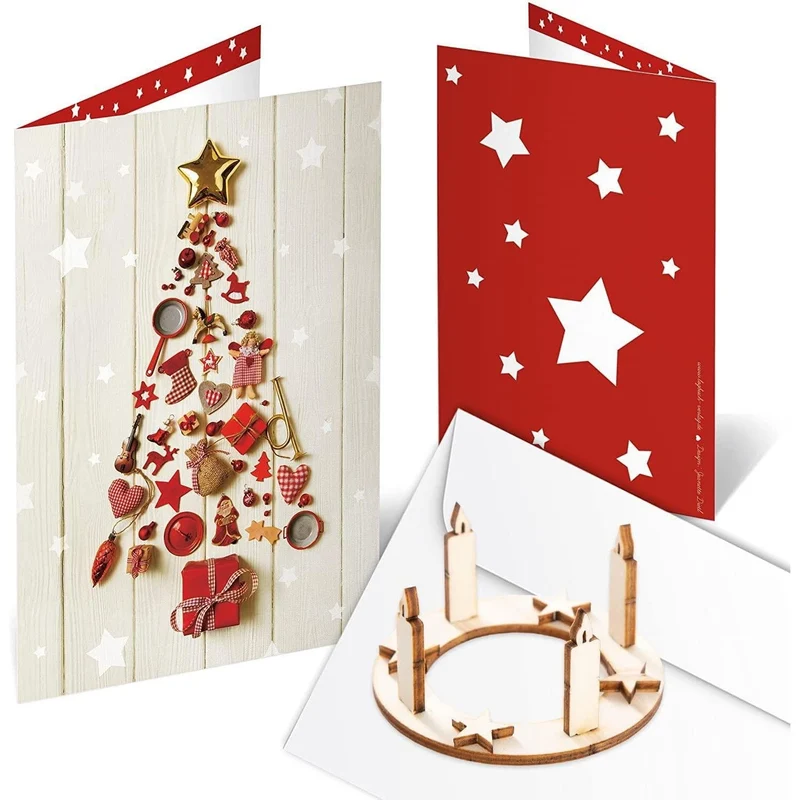 3 Weihnachtskarten DIN A6 Klappkarten mit Umschlag – Weihnachtsbaum rot-weiß mit Mini-Adventskranz aus Holz