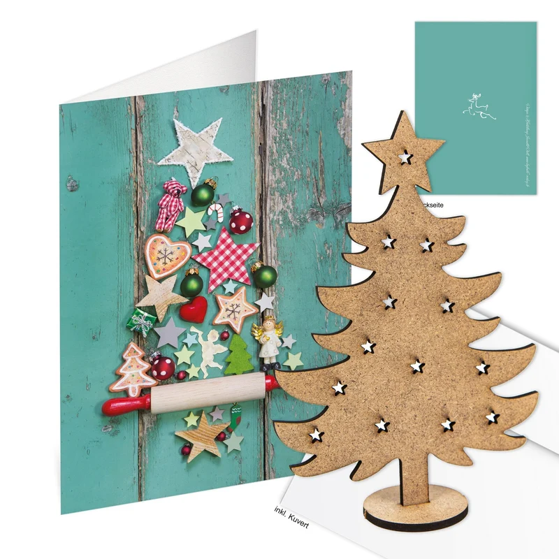 10 Weihnachtskarten DIN A6 Klappkarten mit Umschlag – türkis-blau mit Mini-Weihnachtsbaum aus Holz