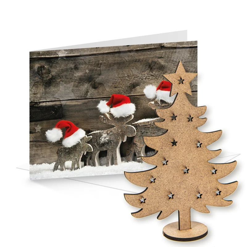 3 Weihnachtskarten DIN A6 Klappkarten mit Umschlag – mit Mini-Weihnachtsbaum aus Holz