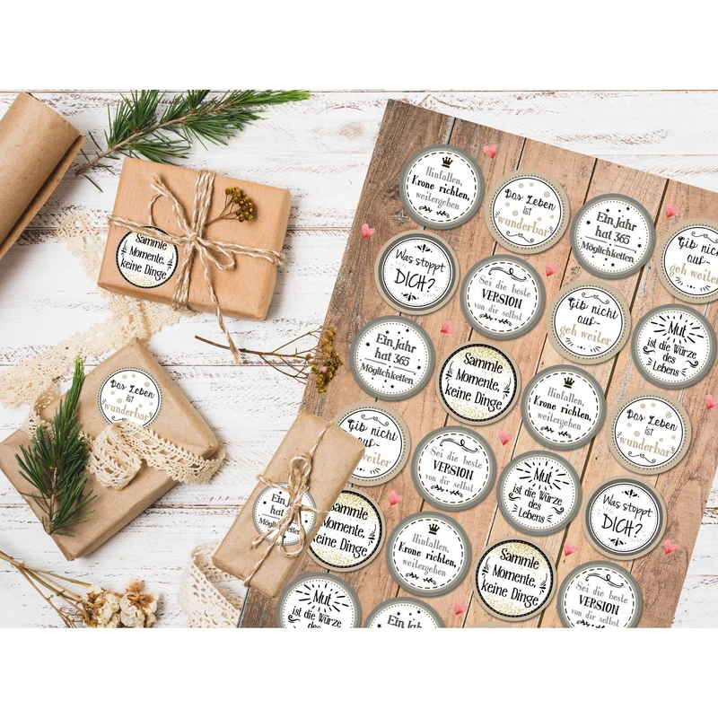 Logbuch-Verlag 24 Aufkleber Motivation Sprüche rund beige grau Motivationssticker Belohnung Mut Glück Wünsche basteln dekorieren Verpackung