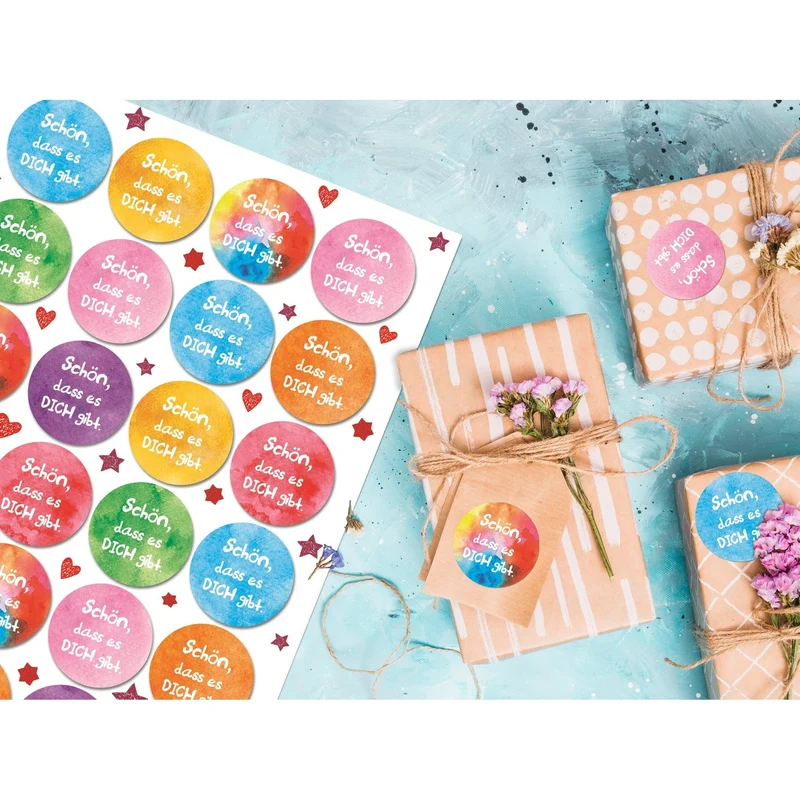 Logbuch-Verlag 24 bunte runde Aufkleber SCHÖN DASS ES DICH GIBT 4 cm Sticker Etiketten Verpackung Geburtstag Freunde Familie Kinder Geschenk Muttertag