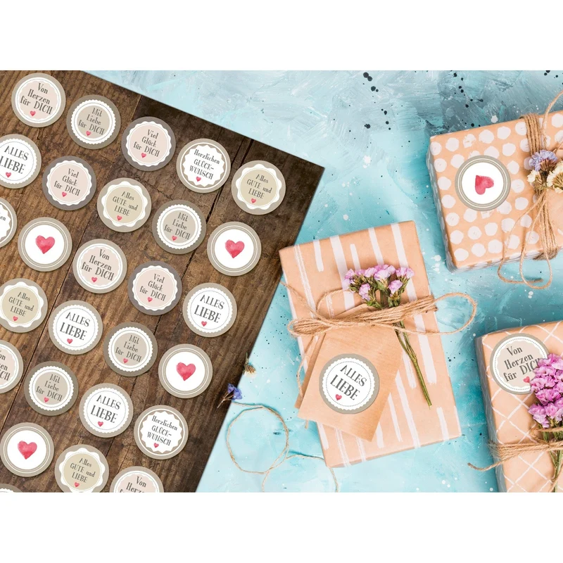 Logbuch-Verlag 140 Glückwunsch Aufkleber Vintage ALLES GUTE Liebe Herzen in beige rot grau - zum Basteln Verzieren Geburtstag Geschenke Verpackung Geschenkverpackung