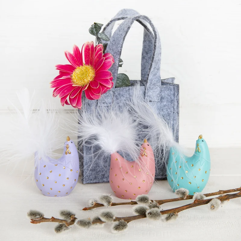 3 Bunte Hühner Ostern Deko lila rosa mint Keramik 6cm