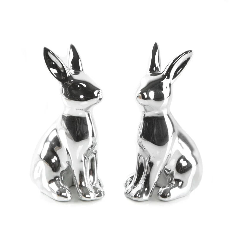 2 kleine Osterhasen Figuren aus Porzellan - Silber 13 cm – Moderne Osterdeko zum Hinstellen