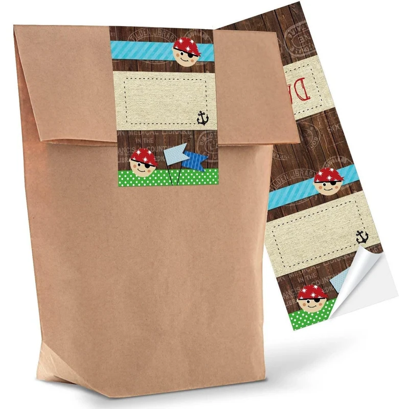 Kraftpapiertüten mit Boden 14 x 22 x 5,6 cm mit Piraten-Aufkleber „Danke“ für Kinder