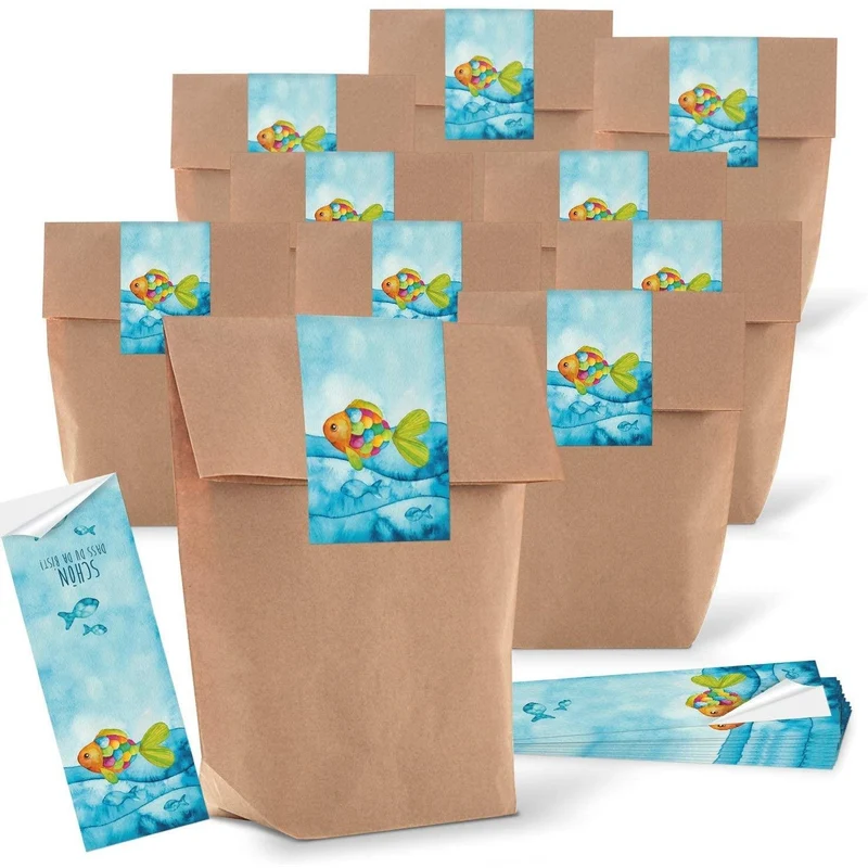 Kraftpapiertüten mit Boden 14 x 22 x 5,6 cm mit Fisch-Aufkleber „Schön, dass du da bist“