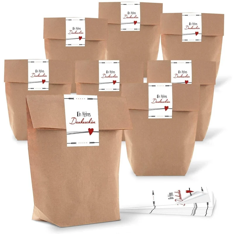 Geschenktüten mit Boden 16,5 x 26 x 6,5 cm mit Aufkleber „Ein kleines Dankeschön“ braun-rot