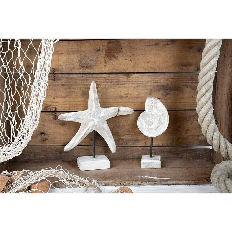 2 Muschel Figuren - Holz Deko zum Hinstellen weiß Shabby chic