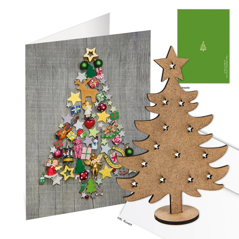 3 Weihnachtskarten DIN A6 Klappkarten mit Umschlag – Weihnachtsbaum grau-bunt mit Mini-Weihnachtsbaum aus Holz
